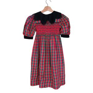 FLAWED Vintage Polly Flinders 80s Girls Christmas Plaid Smocked Taffeta Dress 6x